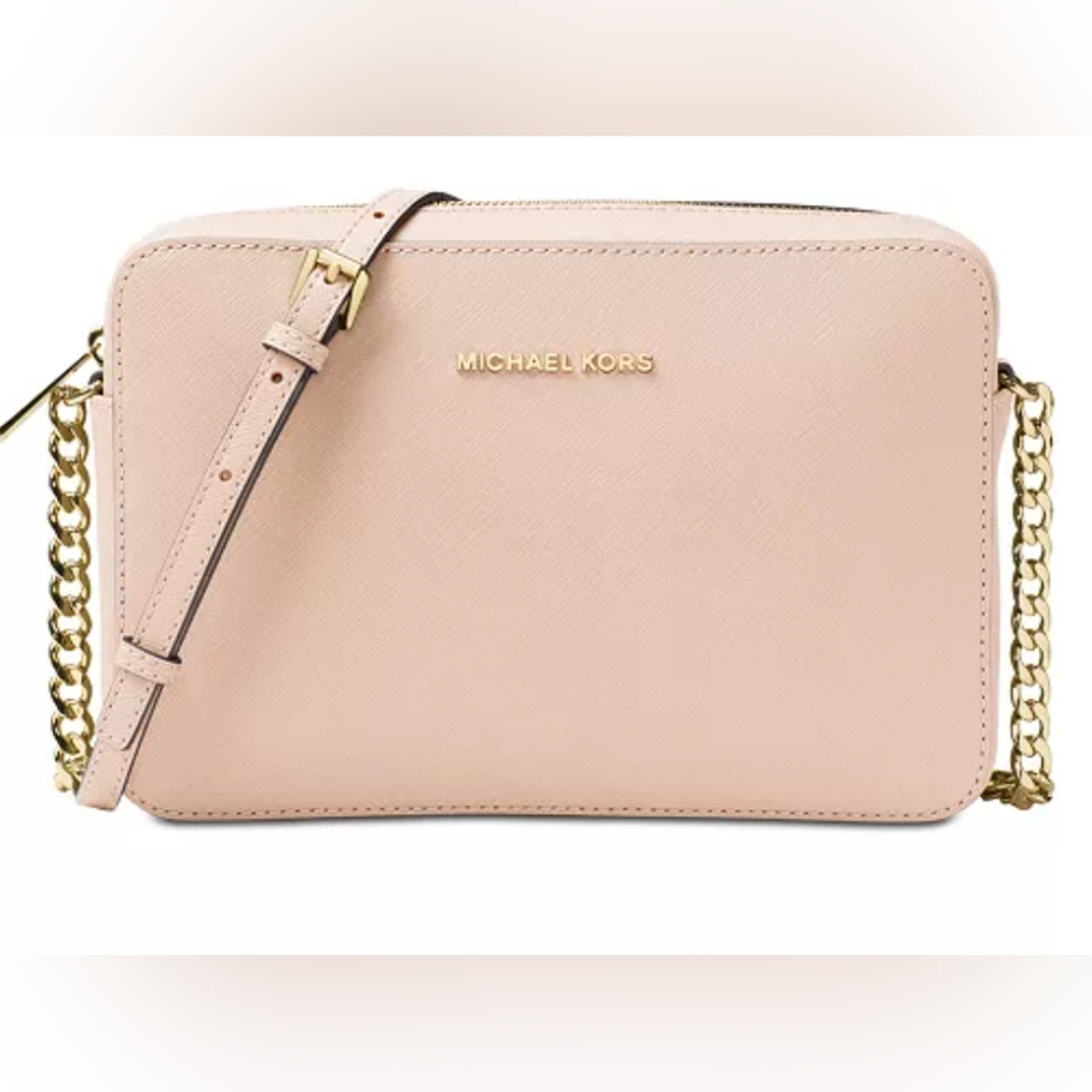 Pale Pink Michael Kors Jet Set Travel Crossbody Purse W/ Gold Tone Chain Accent